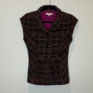 Cabi Wool blend Plaid Vest Brown, red and cream with front tie size Small